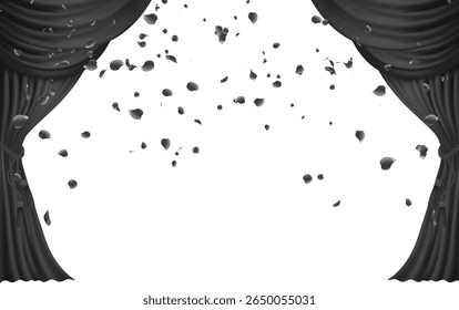  Theatrical Elegance Dark Gray Stage Curtains Opening to Reveal a Cascade of Falling Black Rose Petals on  Background. Ideal for Drama, Performance, or Ceremonial Themes