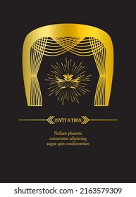 Theatrical emblem with golden mask and curtain. Suitable for theatrical program, invitation, typographic poster,   performance announcements. 