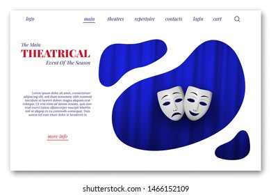 Theatrical event vector landing page template. Comedy and Tragedy theatrical mask isolated on a blue curtain background