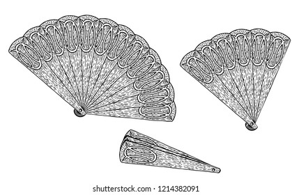 Theatrical handheld fans. Vector chinese or japanese paper fan isolated on white background. Open, half open and closed fan.