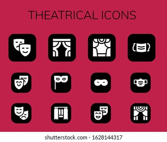 theatrical icon set. 12 filled theatrical icons.  Simple modern icons such as: Masks, Theater, Theatre, Curtains, Mask, Curtain