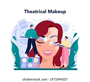 Theatrical Make Up Artist Concept. Professional Artist Applying Cosmetics On An Actriss' Face. Visagiste Doing Makeup To A Model Using A Brush. Flat Vector Illustration