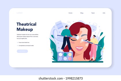 Theatrical Make Up Artist Web Banner Or Landing Page. Professional Artist Applying Cosmetics On An Actriss' Face. Visagiste Doing Makeup To A Model Using A Brush. Flat Vector Illustration