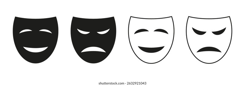 Theatrical mask. Comedy and tragedy mask badge. Masquerade icons. Comic and tragic mask icon. Happy and unhappy mask. Symbol of the theater. Vector illustrations EPS10