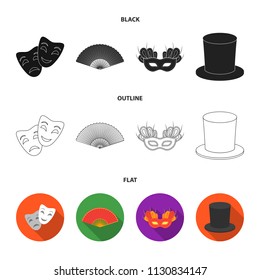 Theatrical mask, cylinder, fan, mask on the eyes. Theater set collection icons in black,flat,outline style vector symbol stock illustration web.