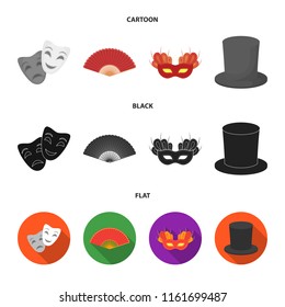 Theatrical mask, cylinder, fan, mask on the eyes. Theater set collection icons in cartoon,black,flat style vector symbol stock illustration web.