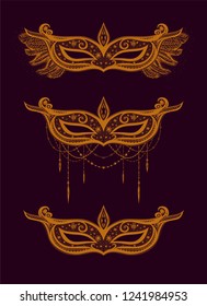 Theatrical mask with feathers on the dark background. Set. Collection carnival mask for ball. Mardi gras.