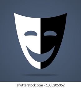 Theatrical mask icon. Two parties of mask. Black and white, the good and evil. Vector illustration for design, web.