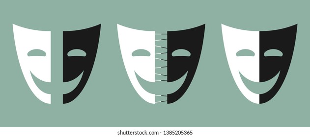 Theatrical mask icon. Two parties of mask. The process of the struggle between good and evil, black and white. Vector illustration for design, web.