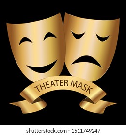 Theatrical mask. Vector illustration in gold color on black background.