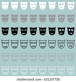 Theatrical mask white grey black icon set.