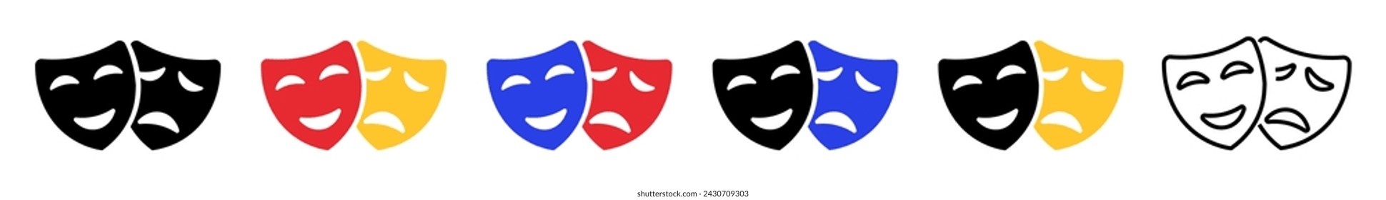  Theatrical masks Collection icons.Set of Happy and Tragic Mask Icons.Comic and unhappy traditional symbol.Vector