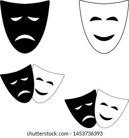 Theatrical masks of Comedy and tragedy. Black and white vector isolated symbols of the theater.