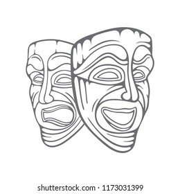 Theatrical masks. Comedy and tragedy masks hand drawn illustration.
Happy and sad mask sketch drawing.