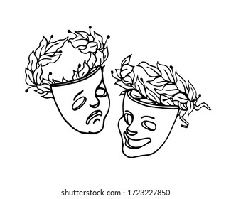 theatrical masks of Comedy and tragedy with laurel wreaths, symbols of joke, fun, drama, sadness, vector illustration with black ink contour lines in hand drawn style isolated on white background