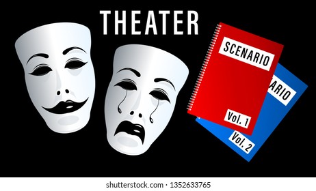 theatrical masks, comedy and tragedy. Scenario, script folders isolated on a black background.  Realistic 3d horizontal Vector Illustration