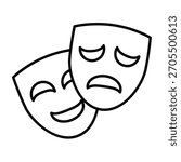 Theatrical masks of comedy and tragedy thin line icon, theatre concept. Vector graphics. Sad and positive emotion, psychology sign on white background, outline style icon of mobile or web design