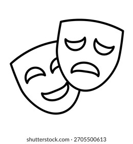 Máscaras teatrais de comédia e tragédia ícone de linha fina, conceito de teatro. Gráficos vetoriais. Emoção triste e positiva, sinal de psicologia no fundo branco, ícone de estilo de contorno de design móvel ou web