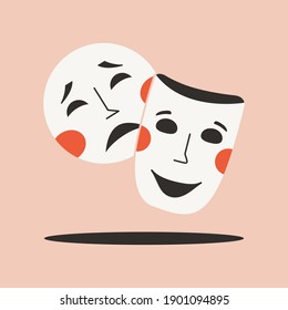 Theatrical masks drama and comedy symbol isolated objects. Classic sign of theatre art performances on stage by actors. Vector illustration for design of creative events, opera festival, acting course
