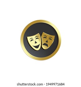 Theatrical masks emblem on black shield realistic vector illustration isolated.