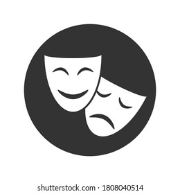 Theatrical masks graphic icon. Sign masks in the circle isolated on white background. Symbol of theatre. Vector illustration