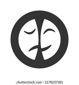 Das grafische Symbol für Theatermasken. Theaterlogo im Kreis einzeln auf weißem Hintergrund. Symbol des Theaters. Vektorgrafik