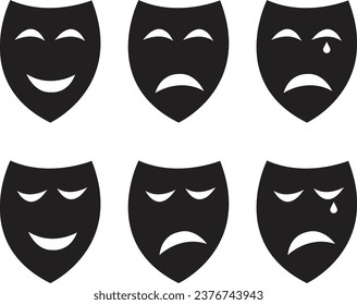 Theatrical masks icon, Comedy and tragedy theatrical masks icon set, Masquerade vector icons, Comic and tragic mask Masquerade collection in black color