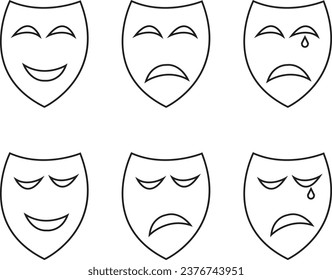 Theatrical masks icon, Comedy and tragedy theatrical masks icon set, Masquerade vector icons, Comic and tragic mask Masquerade collection in black color