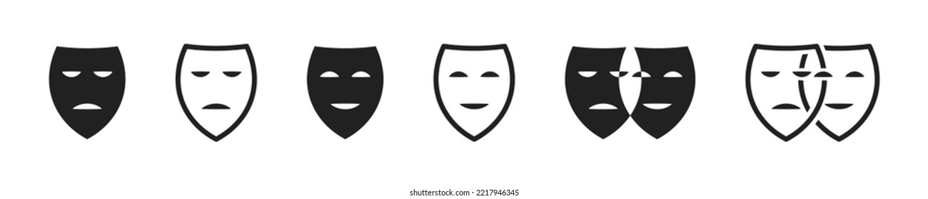 Theatrical masks icon. Masquerade vector icons. Comedy and tragedy theatrical masks icons. Comic and tragic mask. Masquerade collection. Vector illustration 