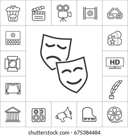 Theatrical masks laughter and crying. thin line entertainment, cinema icon set.