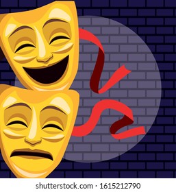 theatrical masks light wall brick stand up comedy show vector illustration