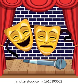 theatrical masks microphone in wooden floor stage stand up comedy show vector illustration