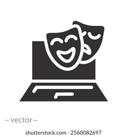 theatrical masks on computer, online theatre watching icon, cinema or opera presentation, flat vector illustration