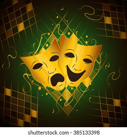 theatrical masks that representing  humor and sadness made in color with geometric elements as a background 