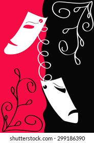 Theatrical masks tragedian and comedian on red-black background