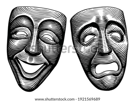 Theatrical masks. Tragedy and Comedy. Art detailed editable illustration. Vector vintage engraving. Isolated on white background. 8 EPS