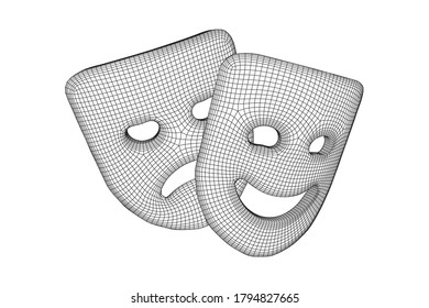 Theatrical masks tragedy and comedy character. Wireframe low poly mesh vector illustration.