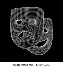 Theatrical masks tragedy and comedy character. Wireframe low poly mesh vector illustration.