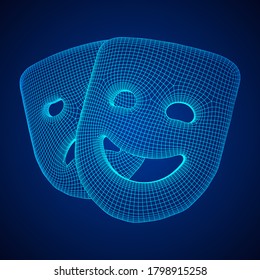 Theatrical masks tragedy and comedy character. Wireframe low poly mesh vector illustration.