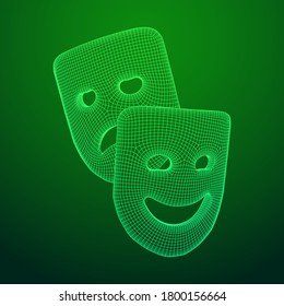 Theatrical masks tragedy and comedy character. Wireframe low poly mesh vector illustration.