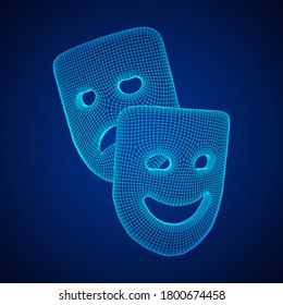 Theatrical masks tragedy and comedy character. Wireframe low poly mesh vector illustration.