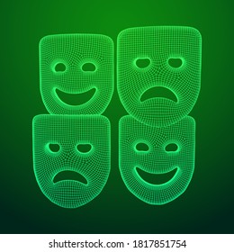 Theatrical masks tragedy and comedy character. Wireframe low poly mesh vector illustration.