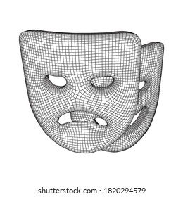 Theatrical masks tragedy and comedy character. Wireframe low poly mesh vector illustration.