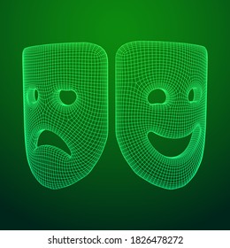 Theatrical masks tragedy and comedy character. Wireframe low poly mesh vector illustration.