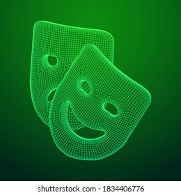 Theatrical masks tragedy and comedy character. Wireframe low poly mesh vector illustration.