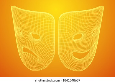 Theatrical masks tragedy and comedy character. Wireframe low poly mesh vector illustration.