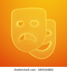 Theatrical masks tragedy and comedy character. Wireframe low poly mesh vector illustration.