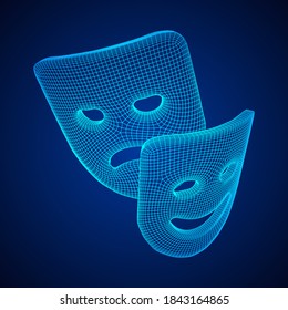 Theatrical masks tragedy and comedy character. Wireframe low poly mesh vector illustration.