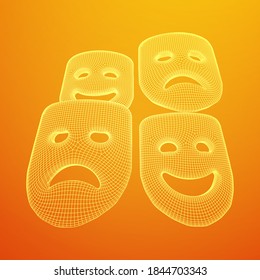 Theatrical masks tragedy and comedy character. Wireframe low poly mesh vector illustration.