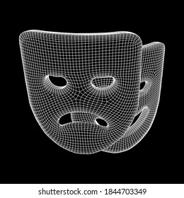 Theatrical masks tragedy and comedy character. Wireframe low poly mesh vector illustration.